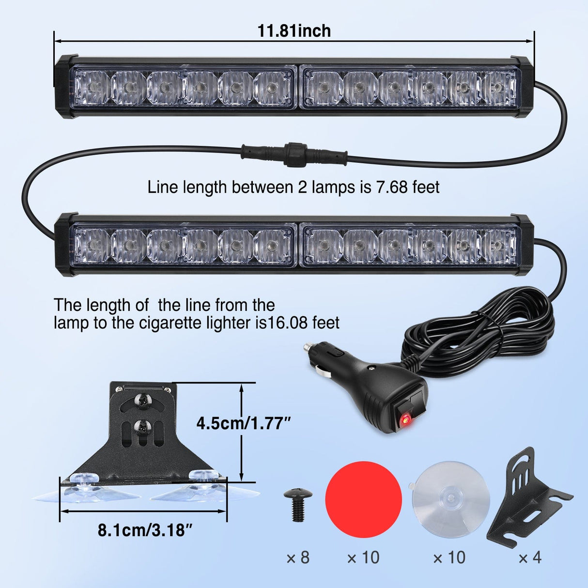 Led Strobe Light 24LED Emergency Strobe Traffic Advisor Light Bar 2 in 1 Blue Dash Warning Safety Flashing Lights Front/Rear Windshield Construction Lights for Trucks Cars Plow Police Firefighter Vehicles