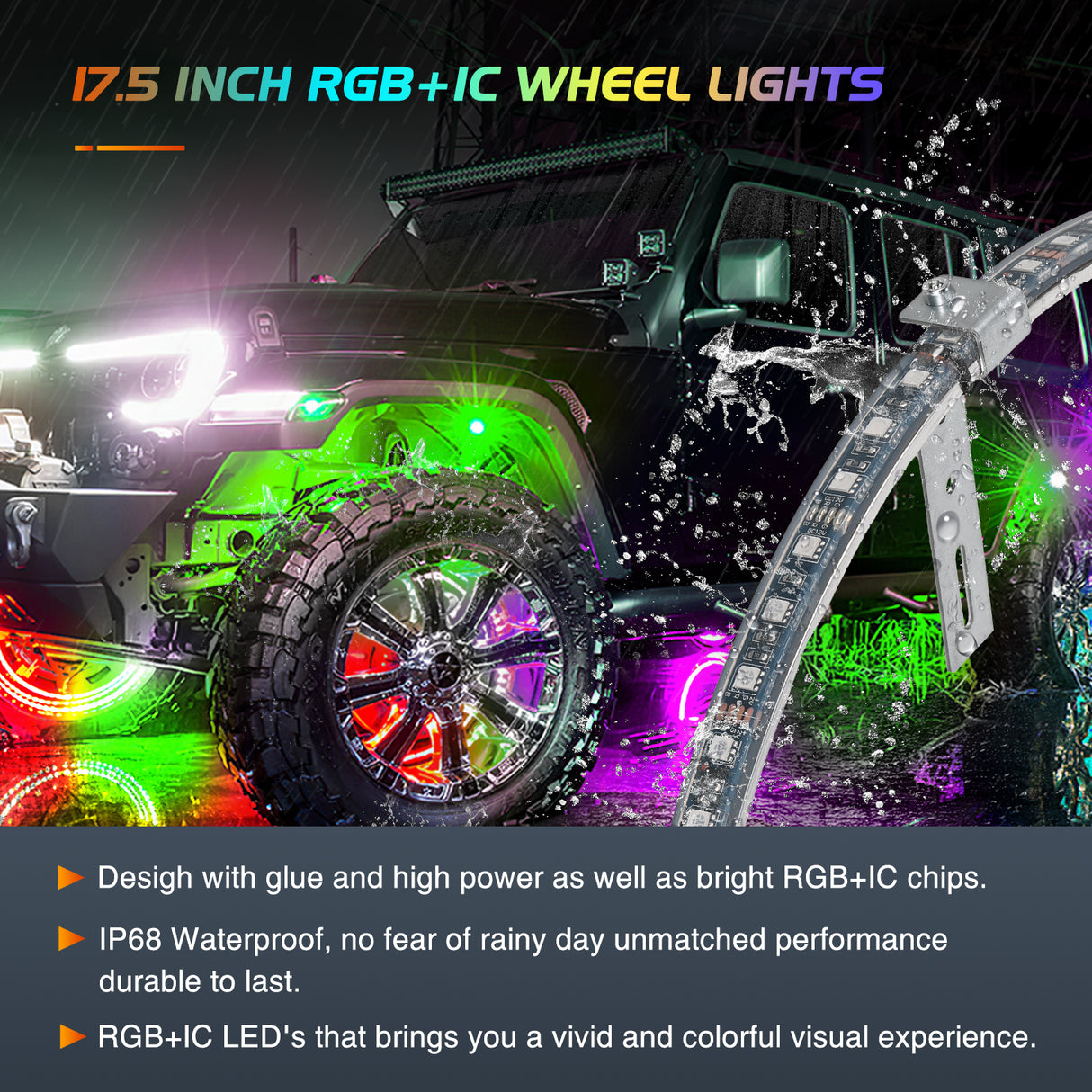 4PCS 17.5inch Wheel Ring Lights Deram Color with APP and Remote Control Neon Lights Million Colors w/Turn Signal and Braking Function for Car Van SUV Truck