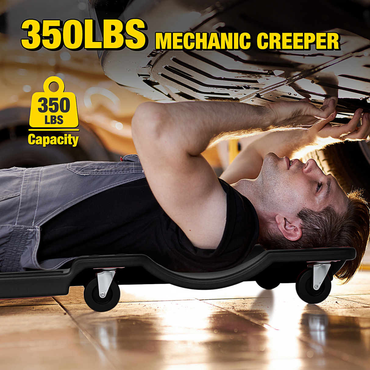 Creeper Seat 40 Inch Mechanic Plastic Creeper -40 Inches Blow-Molded Rolling Garage Cart with Padded Headrest, Dual Tool Trays and 6 Casters, Black