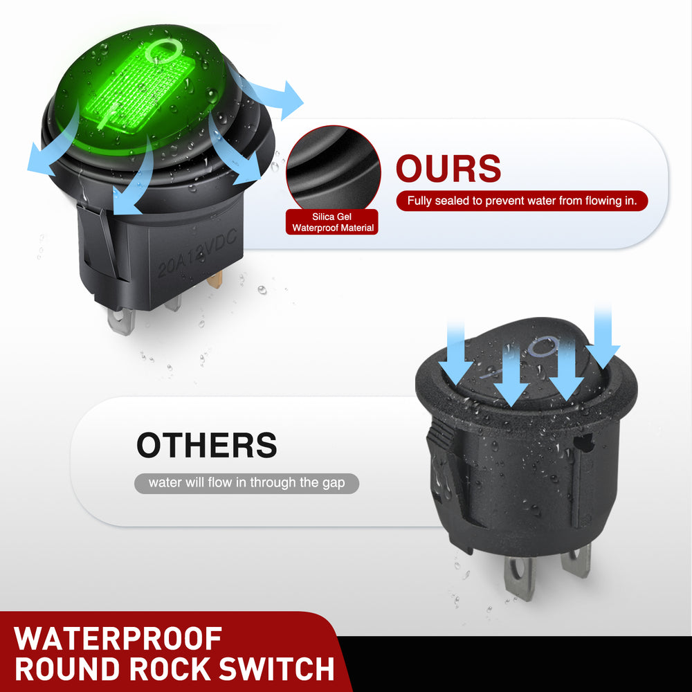 Nilight 5Pcs Waterproof Round Rocker Toggle Green LED Switch 12V 20A 3 Pin ON Off SPST for Car Truck Boat Marine Automotive RV with Locked Terminal Wires