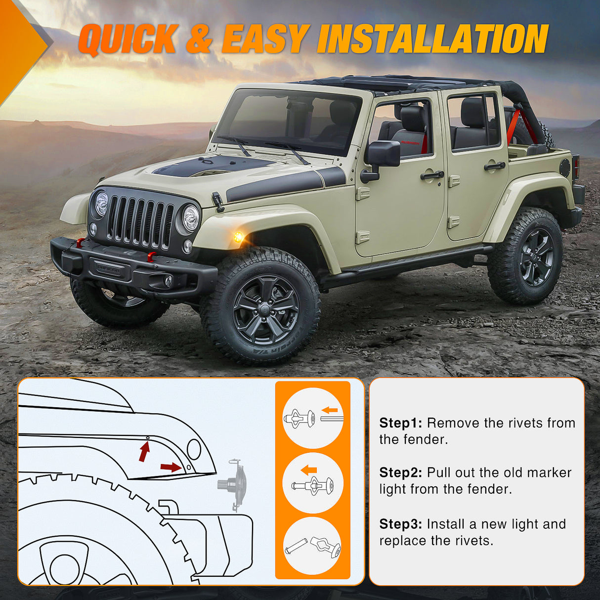 Nilight 2007-2017 Jeep Wrangler JK JKU 8LED Smoked Lens Amber Side Marker Light
