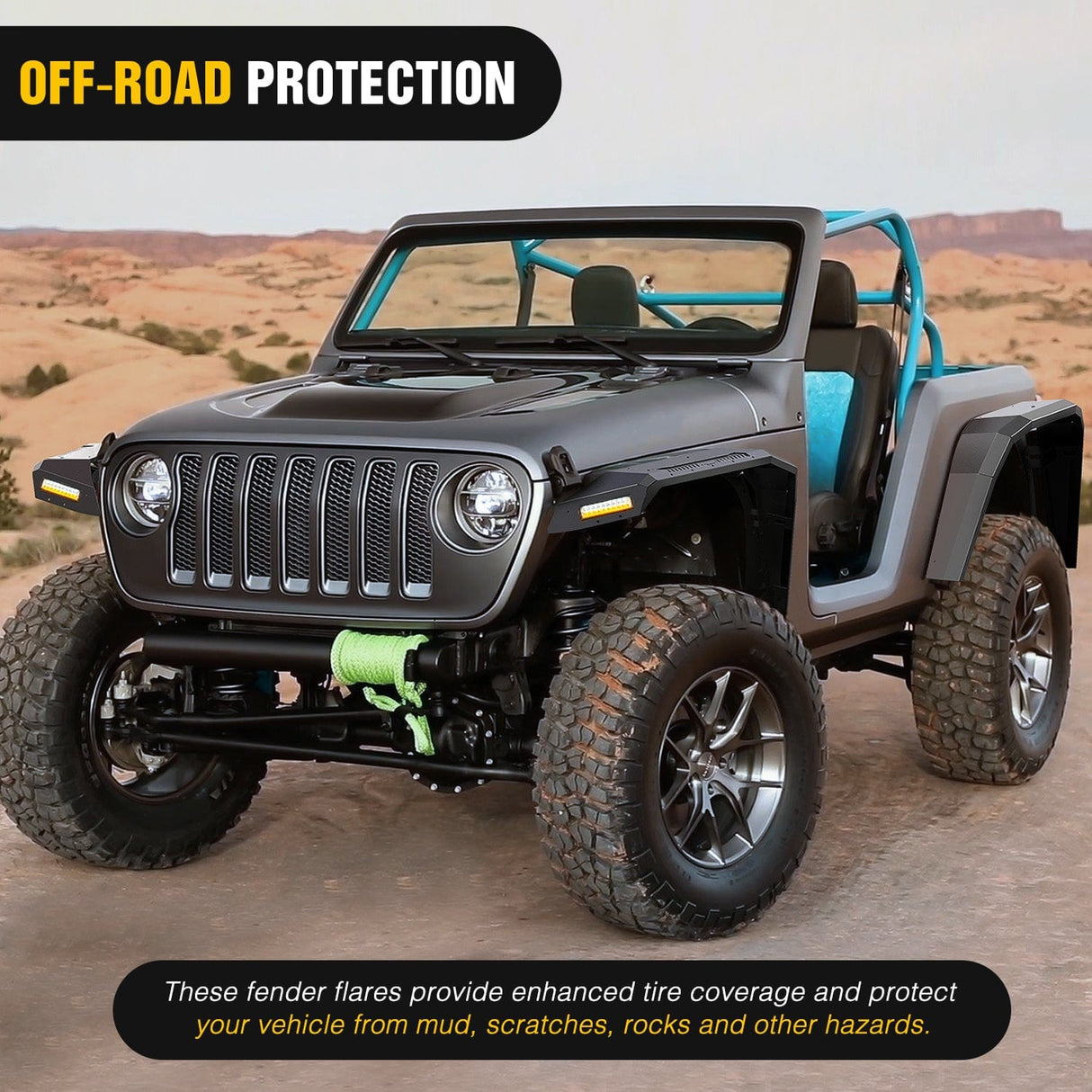 Fender 2018 2019 2020 2021 2022 2023 2024 2025 Jeep Wrangler JL&JL Unlimited 2/4Doors Wide Flat Front & Rear Fender Flares w/LED Lights Turn Signal Lights DRL (No fit 2020+ Gladiator JT)