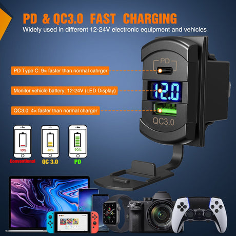 Rocker Switch 6 Gang Switch Panel With QC3.0 & PD Charger And Voltmerter with Blue Backlit