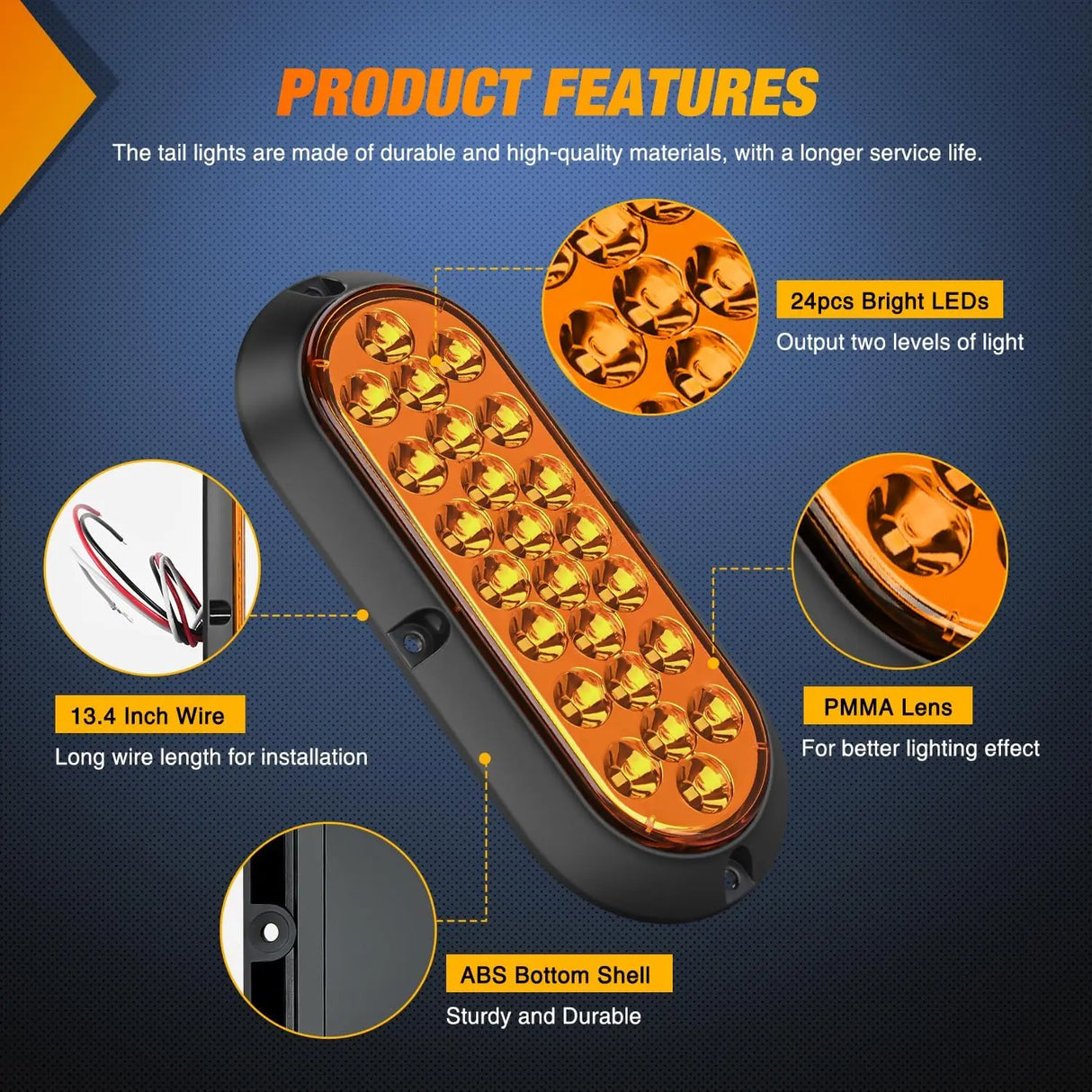 6 Inch Oval Amber 24Leds Trailer Tail Lights 2Pcs Nilight