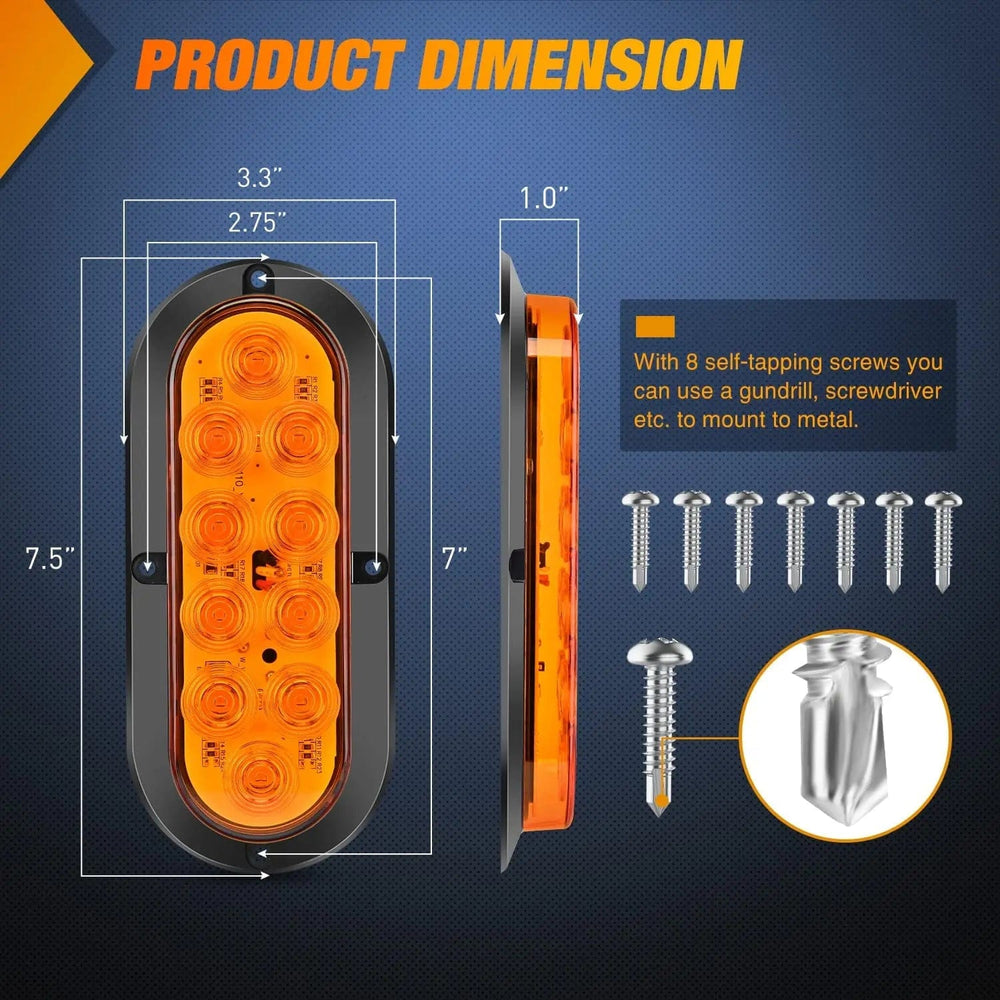 Tail Brake Turn Reverse Lights 6 Inch Oval Amber Upgrade LED Trailer Tail Lights (Pair)