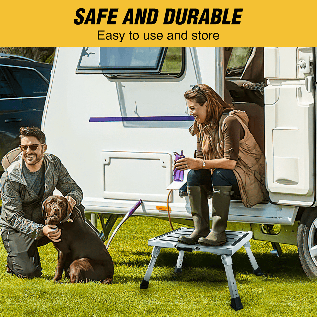 RV Parts RV Step Stool Aluminum Folding Platform Steps 19x14.5 RV Steps 4 Levels Adjustable Step Stool with Anti-Slip Surface Rubber Feet Handle