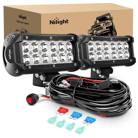 Light Bar Wiring Kit 6.5 Inch 36W Double Row Spot Led Light Bars (Pair) | 16AWG Wire 3Pin Switch
