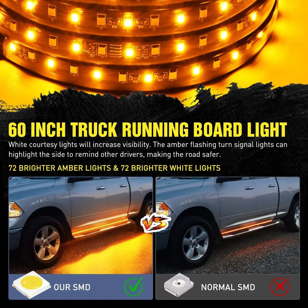 Led light Strip 60 Inch 144 Leds Running Board Amber White Light Strip (Pair)