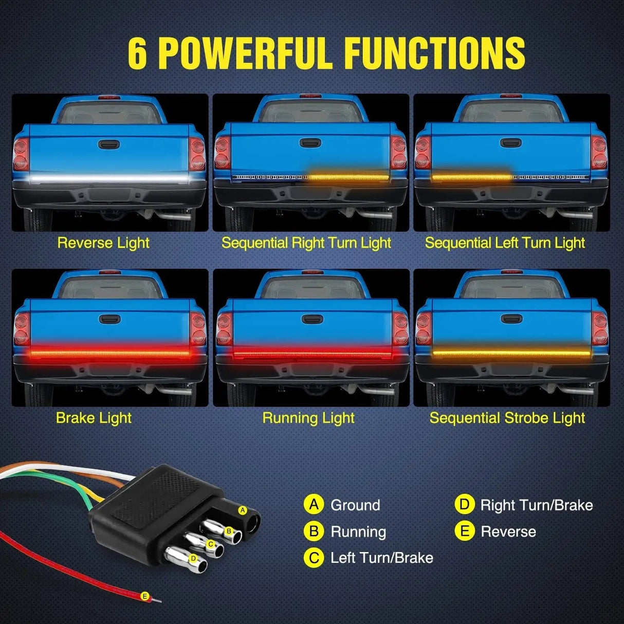 Led light Strip 60 Inch 504Leds Red White Amber Triple Row LED Tailgate Light Strip 4Way Y-Splitter 3PCS
