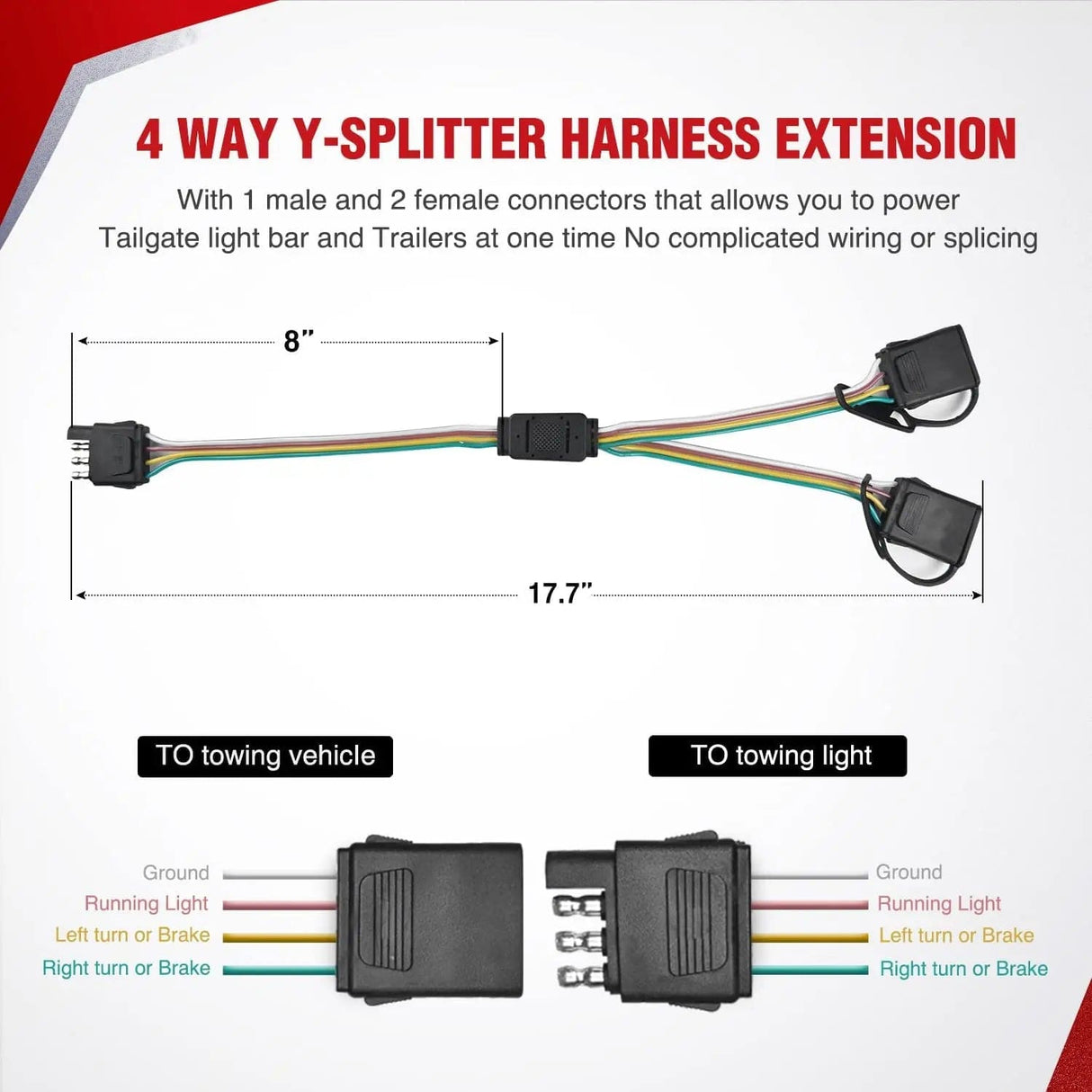 Led light Strip 60 Inch 504Leds Red White Amber Triple Row LED Tailgate Light Strip 4Way Y-Splitter 3PCS