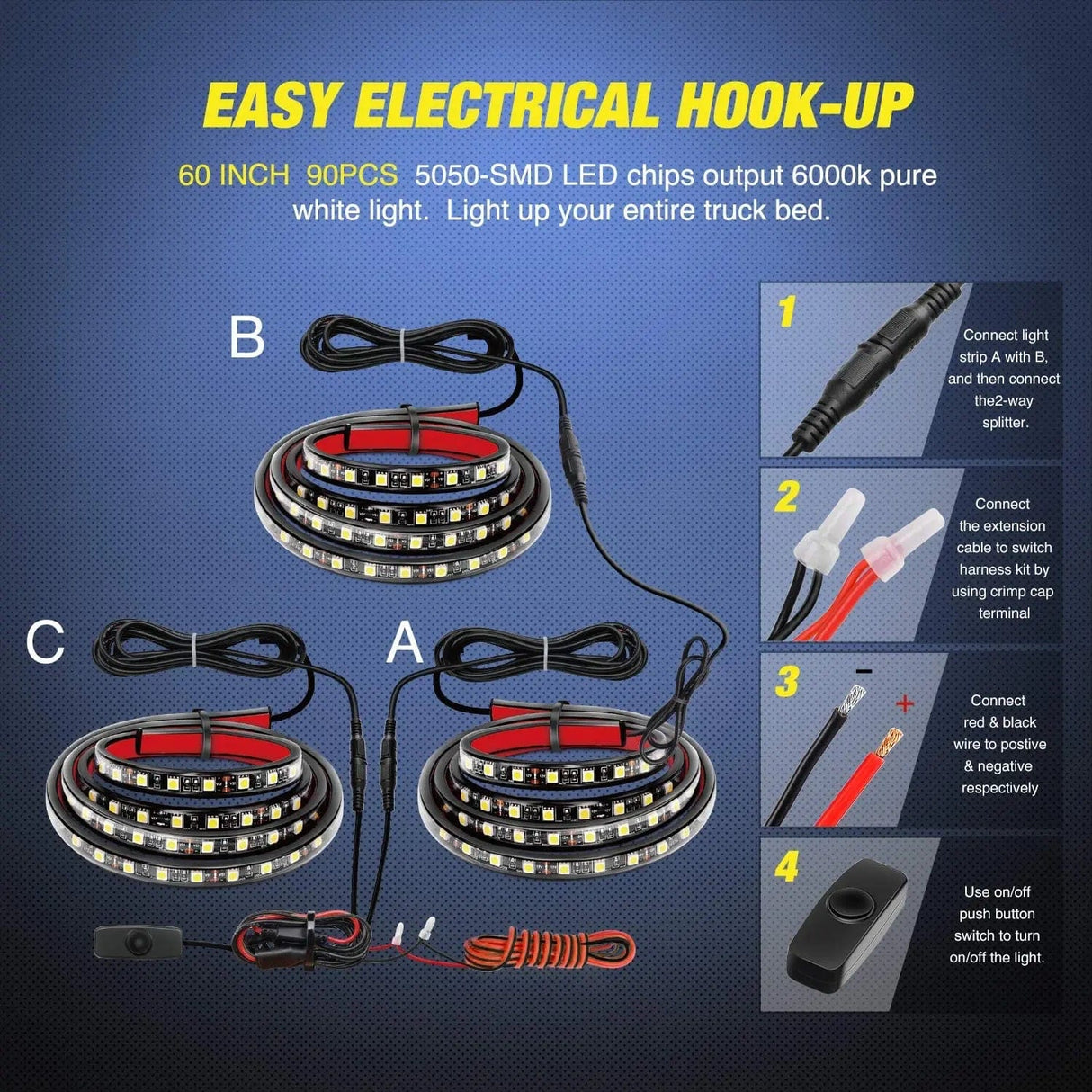 Led light Strip 60 Inch 504Leds Red White Amber Triple Row LED Tailgate Light Strip 4Way Y-Splitter 3PCS