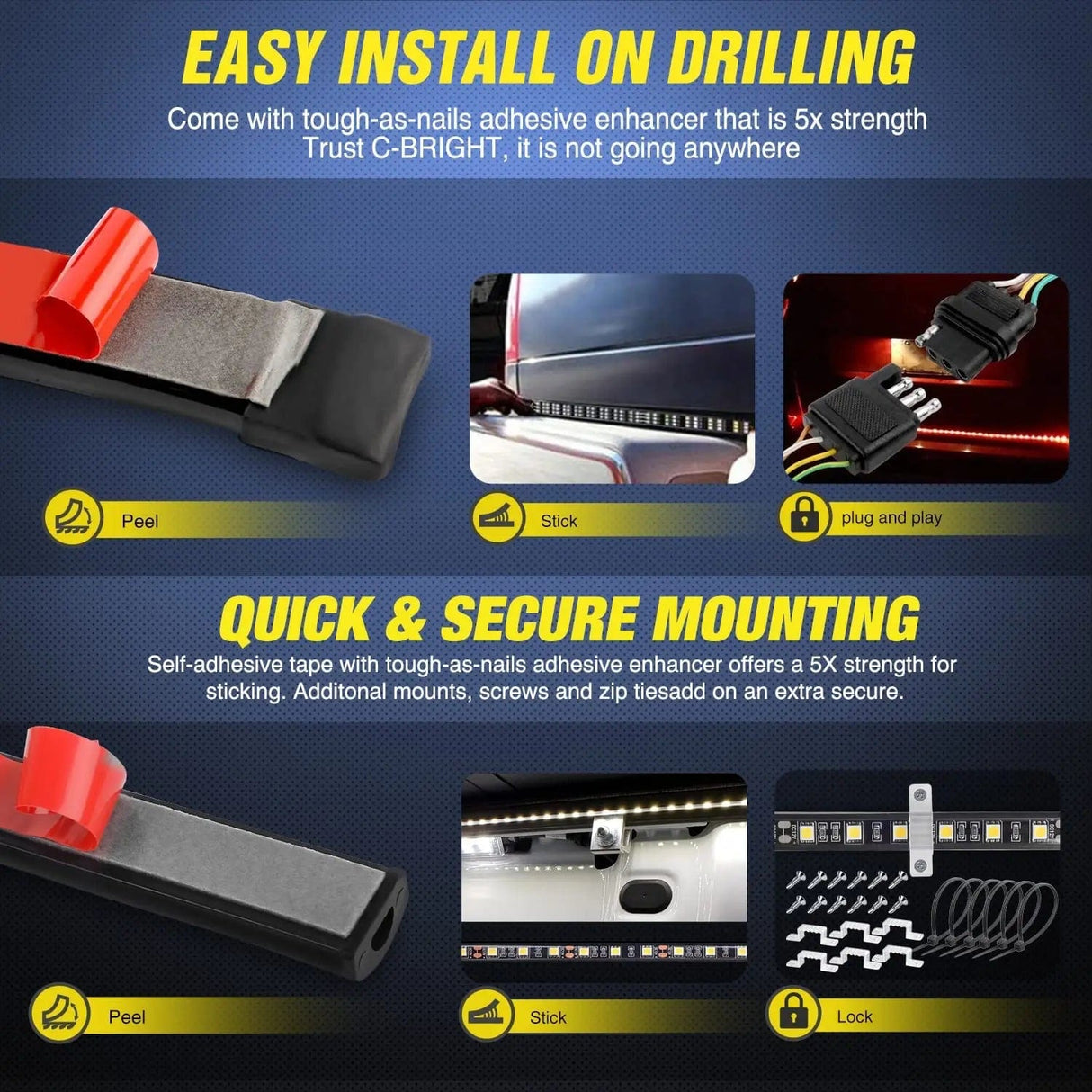 Led light Strip 60 Inch 504Leds Red White Amber Triple Row LED Tailgate Light Strip 4Way Y-Splitter 3PCS