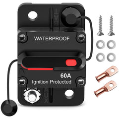 60A Circuit Breaker Resettable 12-48V DC Manual Reset w/Copper Wire Lugs Surface Mount Overload Protection