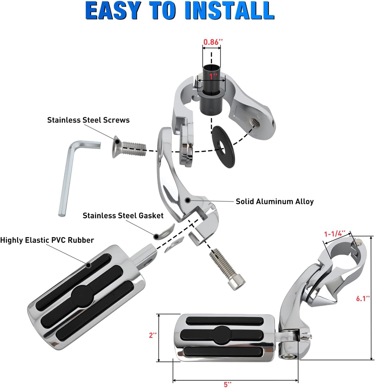 1-1/4 Inch Motorcycle Highway Pegs For Harley Touring Street Glide Electra Glide Road King CVO Dyna Trike Sportster Adjustable Short Angled Foot Pegs Universal For 1.25 Inch Engine Guard Crash Bars
