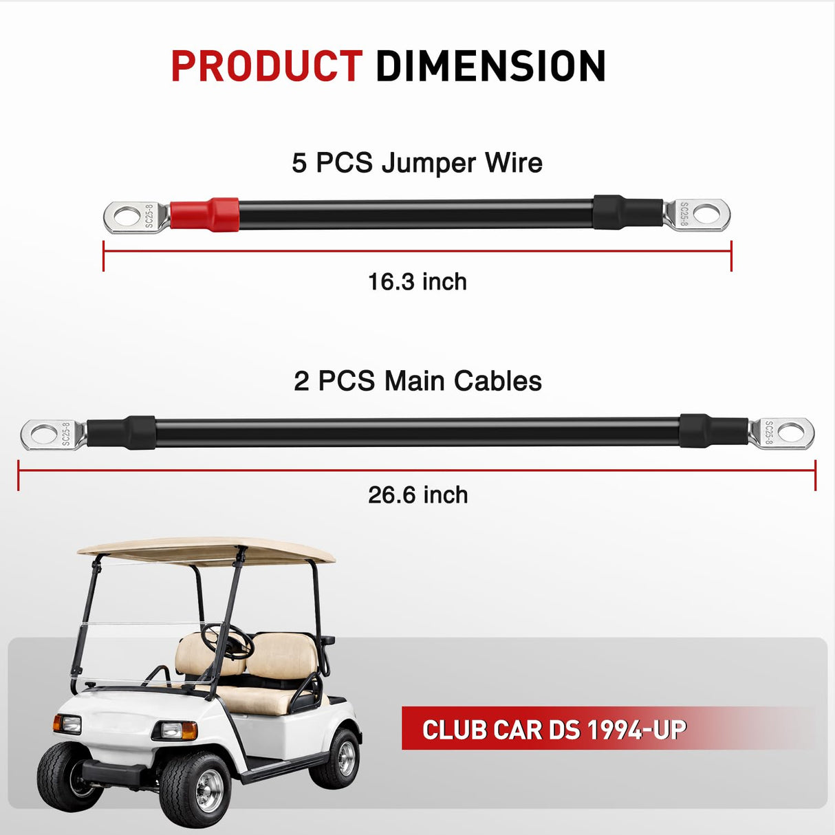 7PCS 4 AWG Golf Cart Battery Cable Kit Pure Copper for Club Car DS | Heavy Duty Pure Copper AC/DC Wire Kits with Tinned Copper Lugs for 36V/48V Club Car DS 1994-up