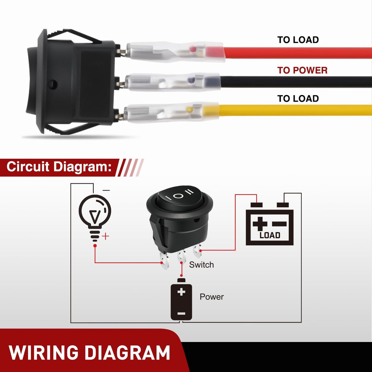 8PCS 3 Way Round Rocker Switch with Wiring Harness SPDT 3 Pin ON Off ON Toggle 6A/250V 10A/125VAC 12V for Car Automotive RV Truck Boat Off-Road Vehicle