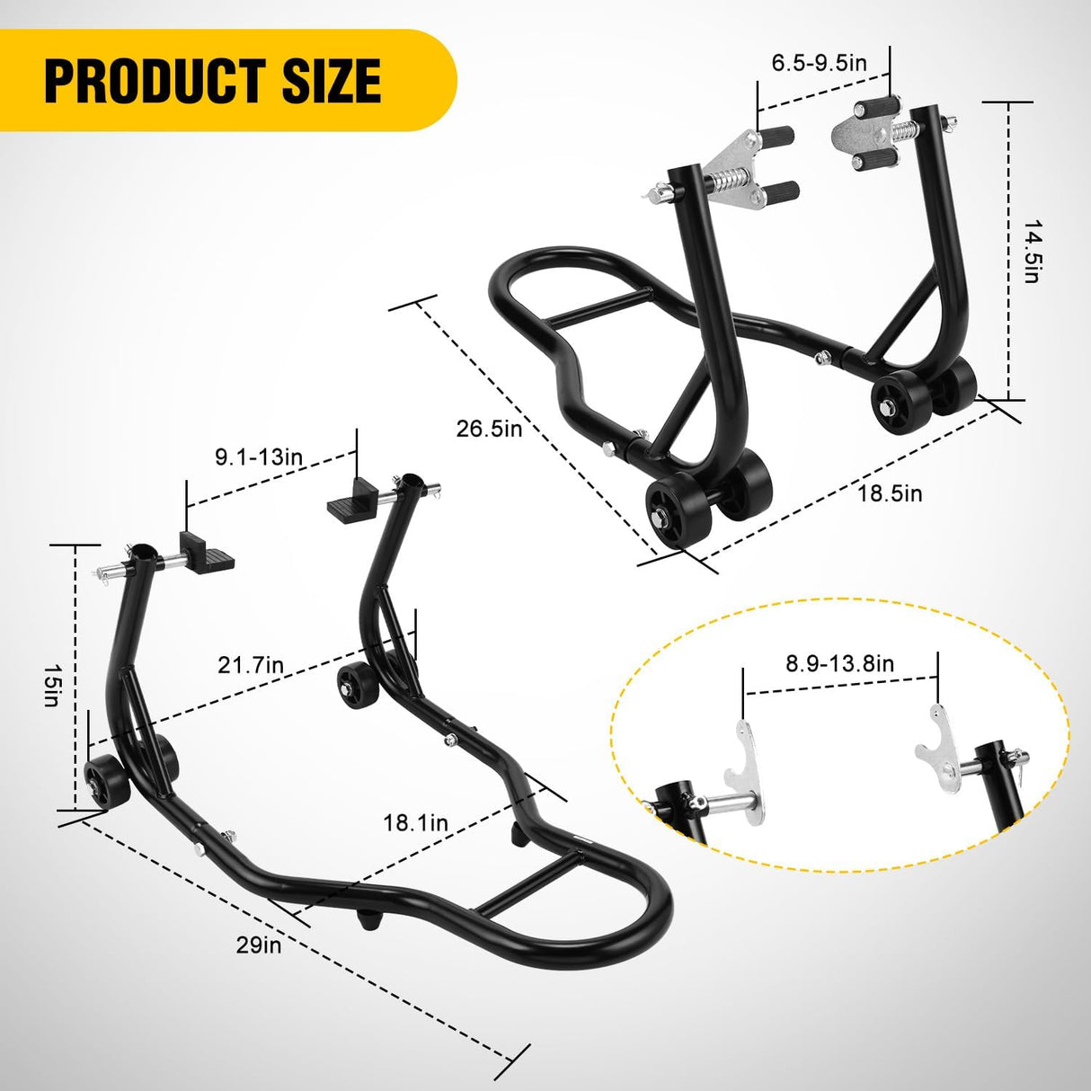 Universal Motorcycle Stand Lift 850lbs Front Rear Combo Stand Lift Stand Front Wheel Fork Stand Rear U+L Fork Swingarm Spool Stand for Most Yamaha Honda Kawasaki Suzuki Motorcycles
