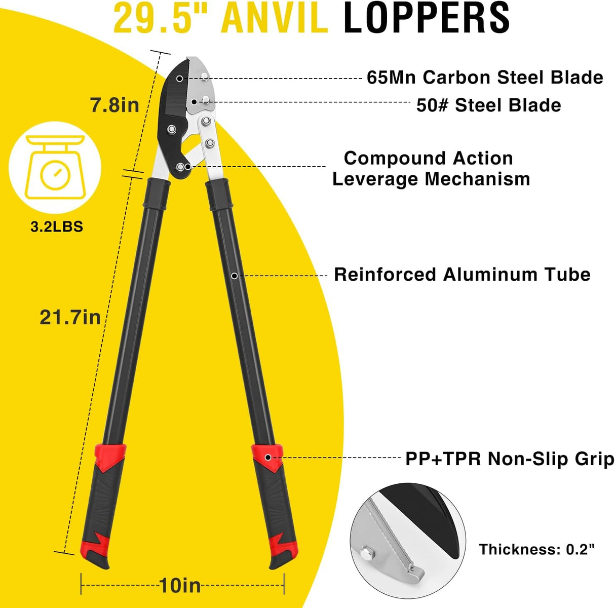 29.5 Inch Loppers Heavy Duty Tree Trimmer Sharp Anvil Blade Bypass Loppers up to 1.6 Inch Dia Cut Capacity Compound Action System Limb Branch Cutter Ideal for Tree Trimming Garden Maintenance