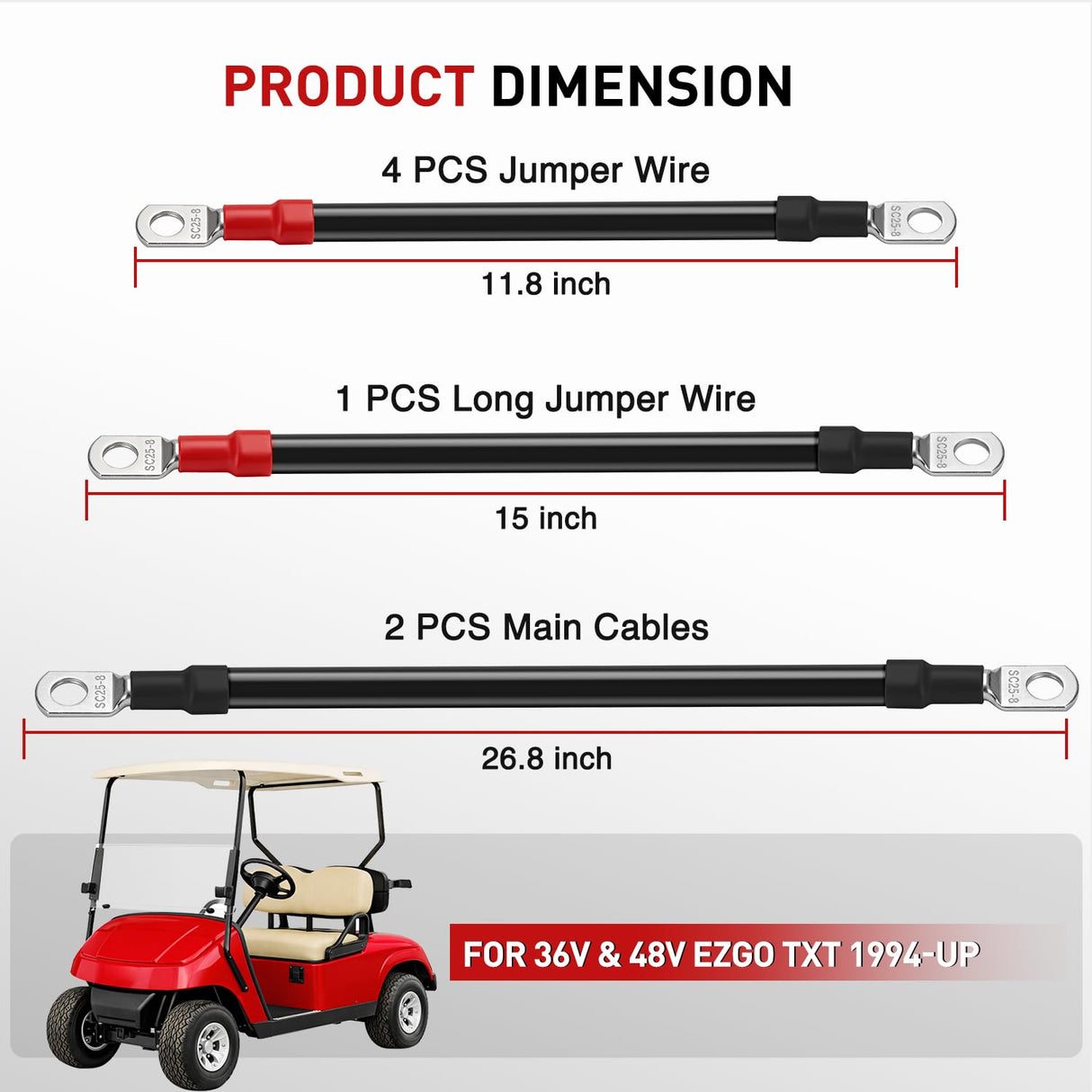 7PCS 4 AWG Golf Cart Battery Cable Kit Pure Copper for EZGO TXT | Heavy Duty Pure Copper AC/DC Wire Kits with Tinned Copper Lugs for 36V/48V EZGO TXT 1994-up