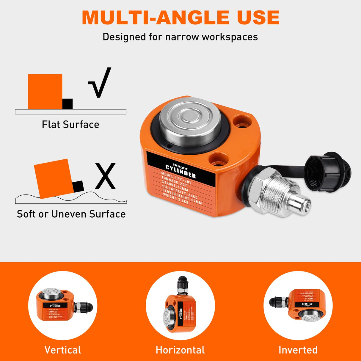 20 Ton Hydraulic Cylinder Jack Porta Power Ram, Heavy Duty Low Profile 0.47 Inch Stroke Automatically Retract Mini Jack Ram Single Acting Lifting Cylinders for Machinery Shipbuilding, Orange