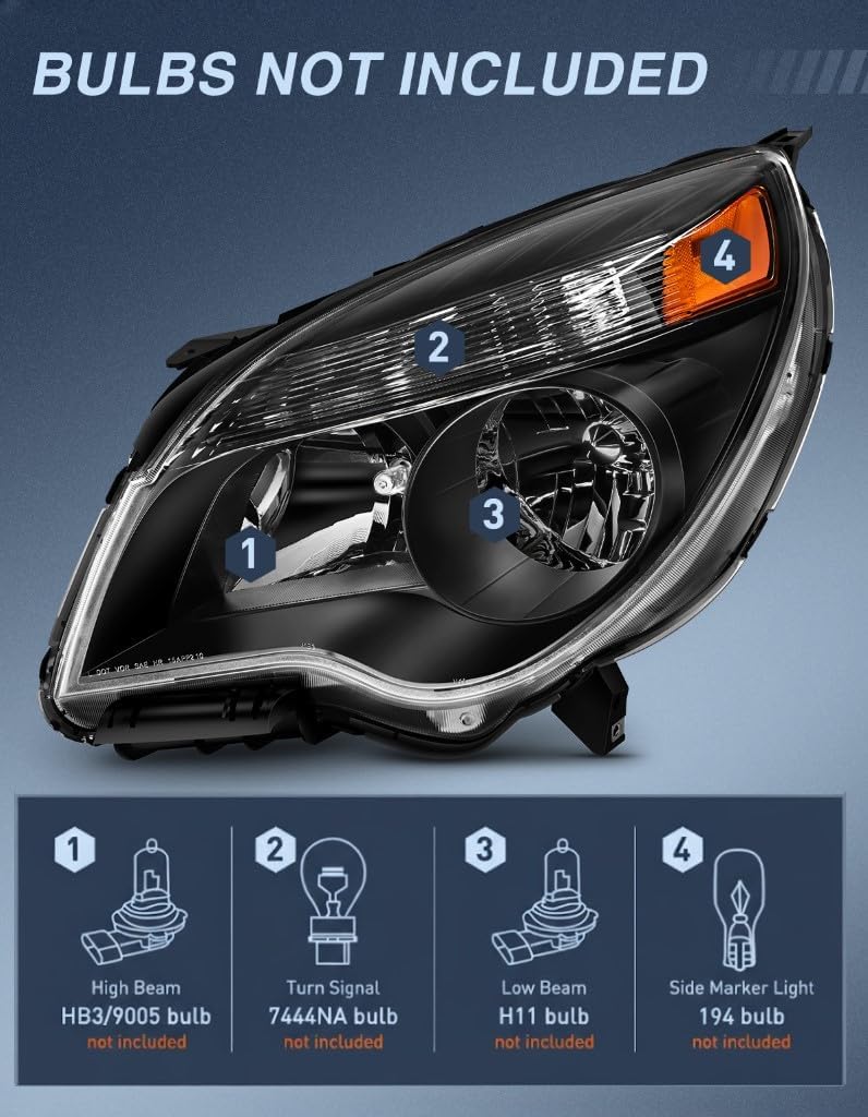 Headlight Assembly Compatible with 2010 2011 2012 2013 2014 2015 Chevy Chevrolet Equinox LS/LT OE Style Projector Replacement Halogen Headlights Black Housing Amber Reflector Headlamp a pair