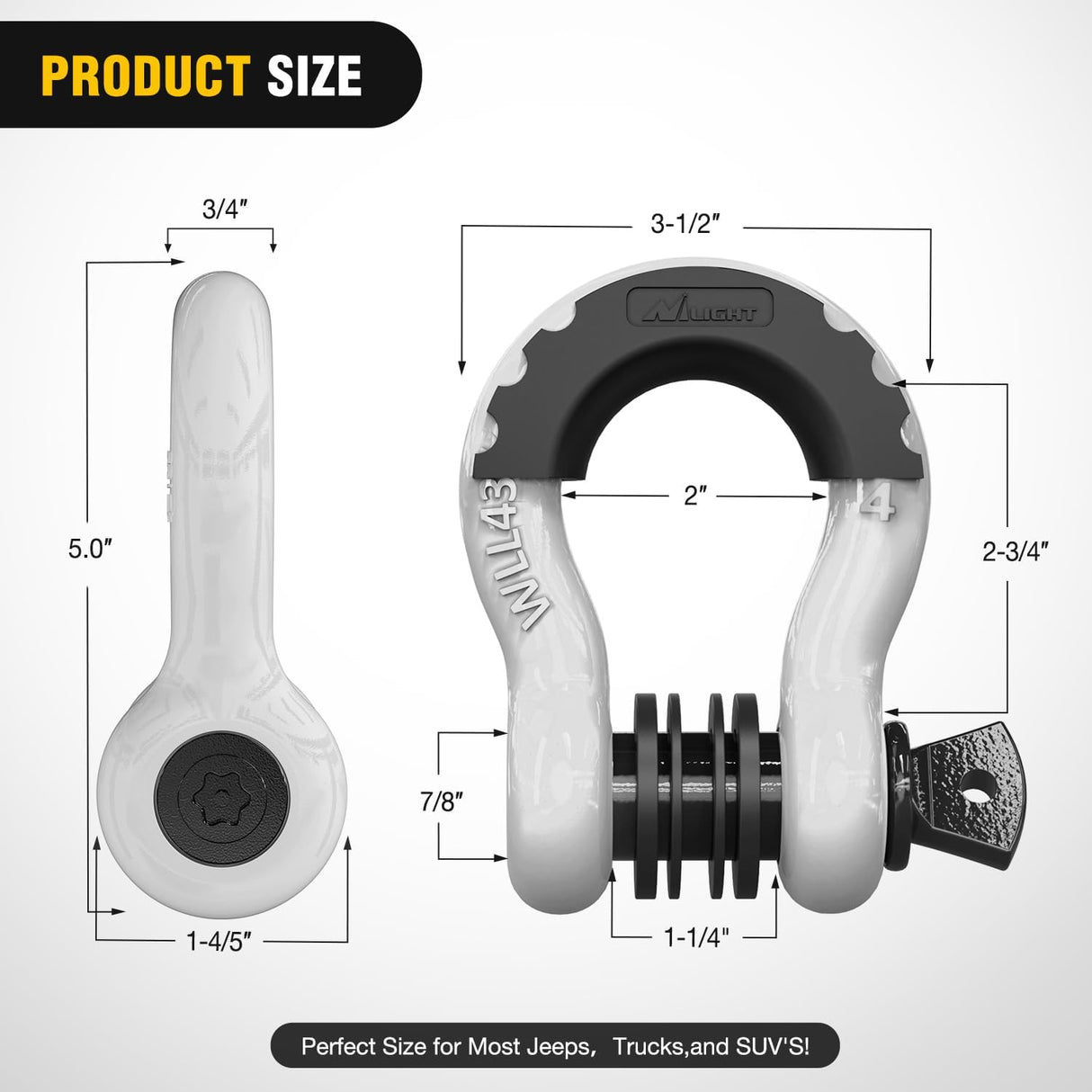 3/4 Inch D Ring Anti-Theft Shackle Tow Hook Jeep Truck SUV ATV UTV | Off Road Recovery Gear 19T 41,887 lbs Break Strength 4.75T WLL Rust-Resistant Anti-Rattle Isolators Heavy Duty White 2pack