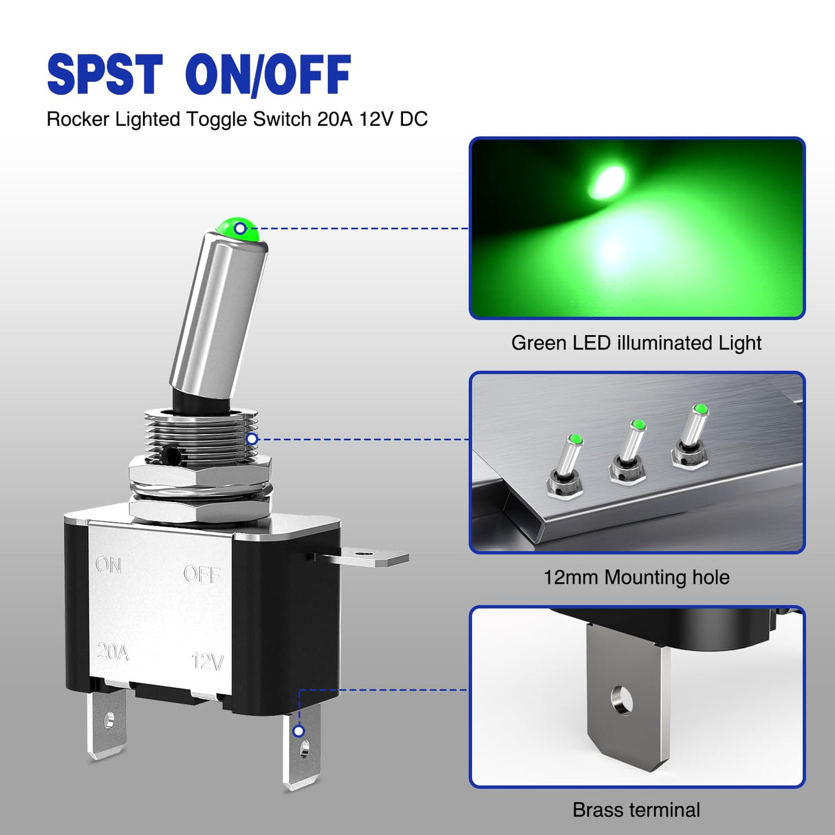 3PCS Green LED Toggle Switches 12V 20A 3 Pin 2 Position ON Off SPST Heavy Duty Rocker Switch for Auto Car Marine RV Vehicles Truck Boat Dash