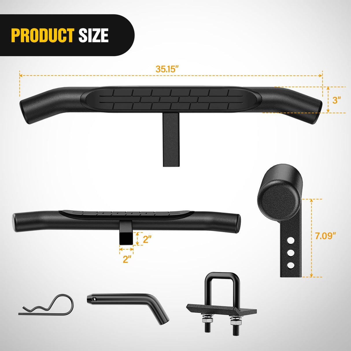36 Inch Hitch Step Fits 2 Inch Receivers 3 Inch Round Tubing Stainless Steel with Rubber Non-Slip Pad Rear Bumper Guard with 5/8 Inch Hitch Pin Clip & U-Bolts Stabilize for Pickup Truck Car SUV