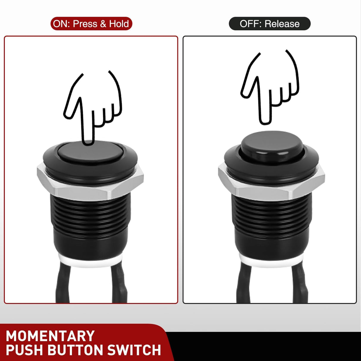 12mm Momentary Push Button Switch 6PCS with Pre Wired Harness 12V Waterproof Black Metal Small Round Power Push Button Switches 2 Pin for Car Automotive Truck Boat Marine Off-Road Vehicle