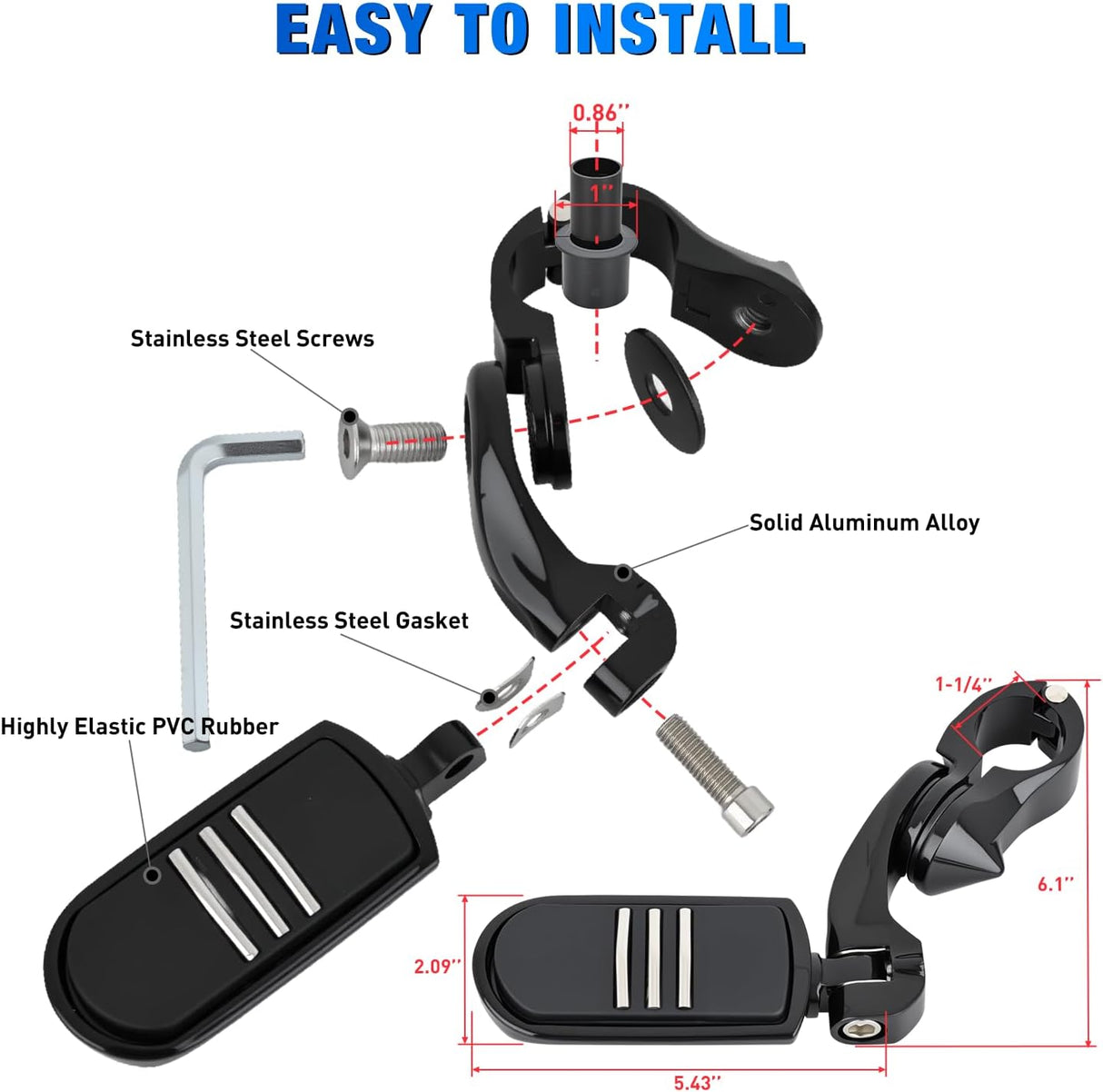 1-1/4 Inch Motorcycle Highway Pegs For Harley Davidson Touring Road King Street Glide Sportster Adjustable Short Angled Foot Pegs Universal For 1.25 Inch Engine Guard Crash Bars Highway Footpegs Black