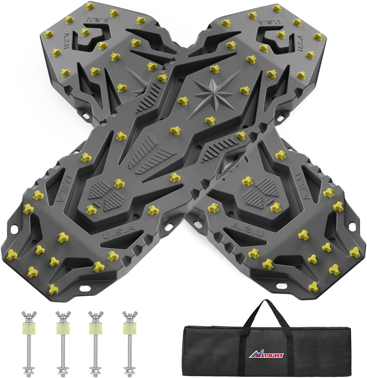 Recovery Off-Road Traction Boards 2Pcs 43 InchL x 13.3 InchW with Yellow Teeth for 4WD 4X4 Mud Sand Snow Includes 2PCS Mounting Kit & Carry Bag (Grey)
