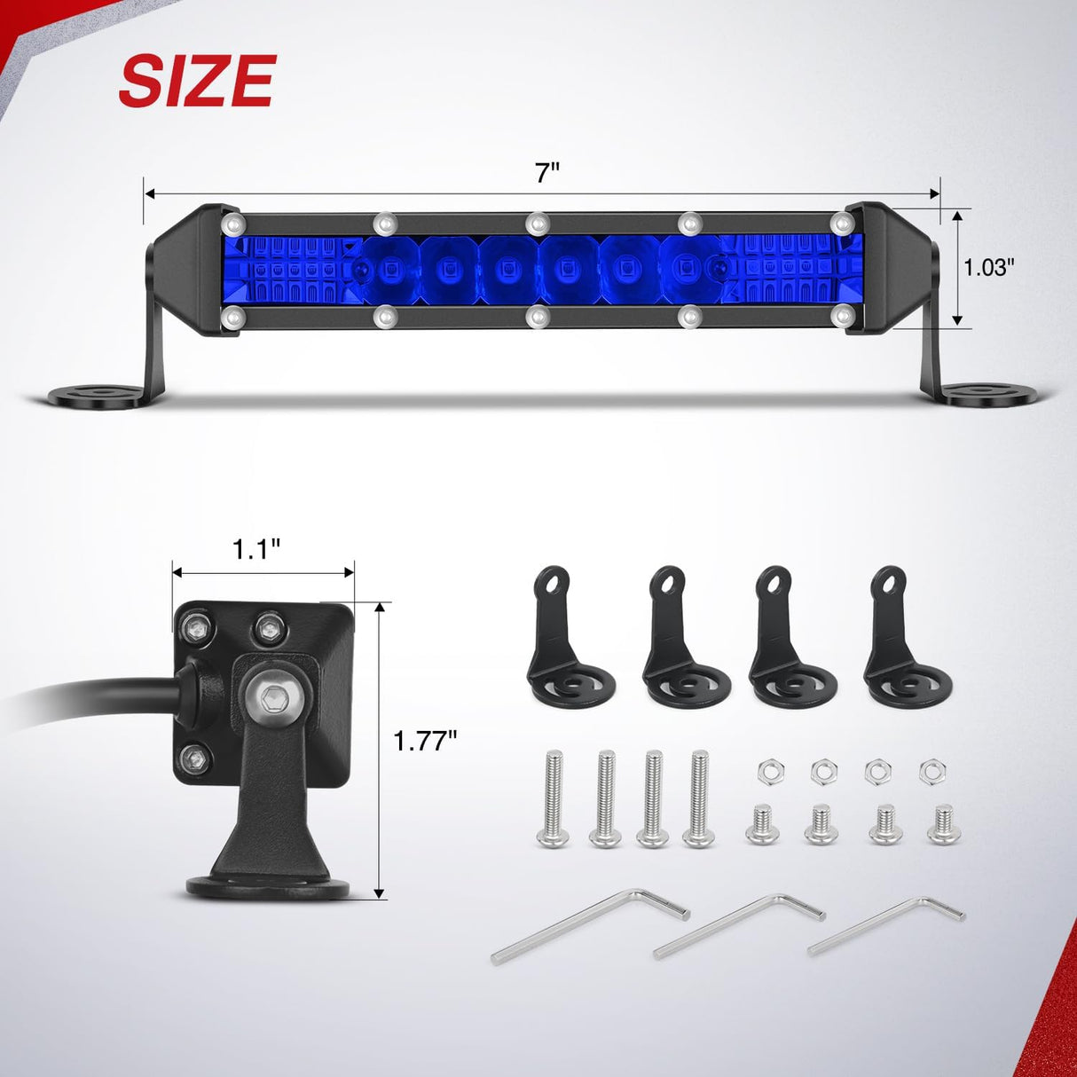 Slim LED Light Bar 2Pcs 7 Inch 16LED Single Row Spot Flood Combo Blue Off Road Driving Fog Fishing Hunting Emergency Safety Signal Lighting for 12V 24V ATV UTV Pickup Truck Tractor Boat