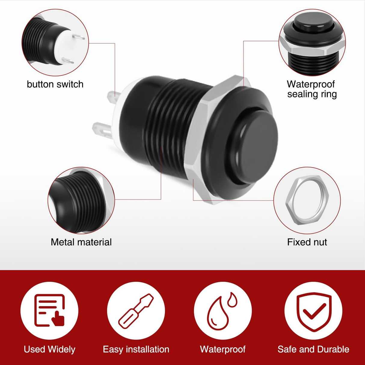 12mm Momentary Push Button Switch 6PCS 12V Waterproof Black Metal Small Round Power Push Button Switches 2 Pin for Car Automotive Truck Boat Marine Off-Road Vehicle