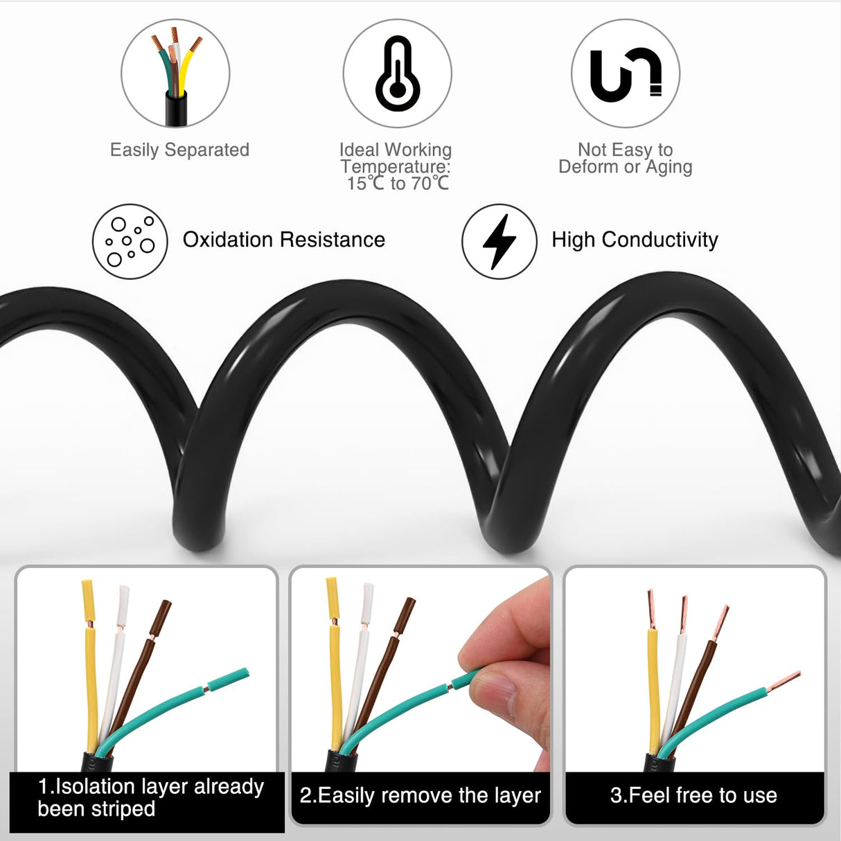 30 Feet 4 Way Trailer Wire Extension Cable 14 Gauge 4 Conductor | 100% Pure Copper Insulated Heavy Duty Weatherproof for 4 Pin Blade RV Automotive