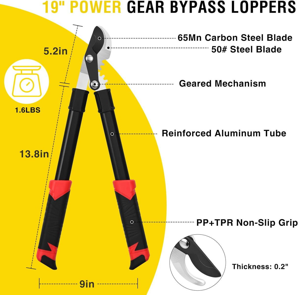 19 Inch Loppers Heavy Duty Branch Cutter Sharp Steel Blade Tree Trimmer up to 1 Inch Diameter Cut Capacity Powerful Gear Action Lightweight Bypass Loppers Tools for Tree Trimming Garden Maintenance