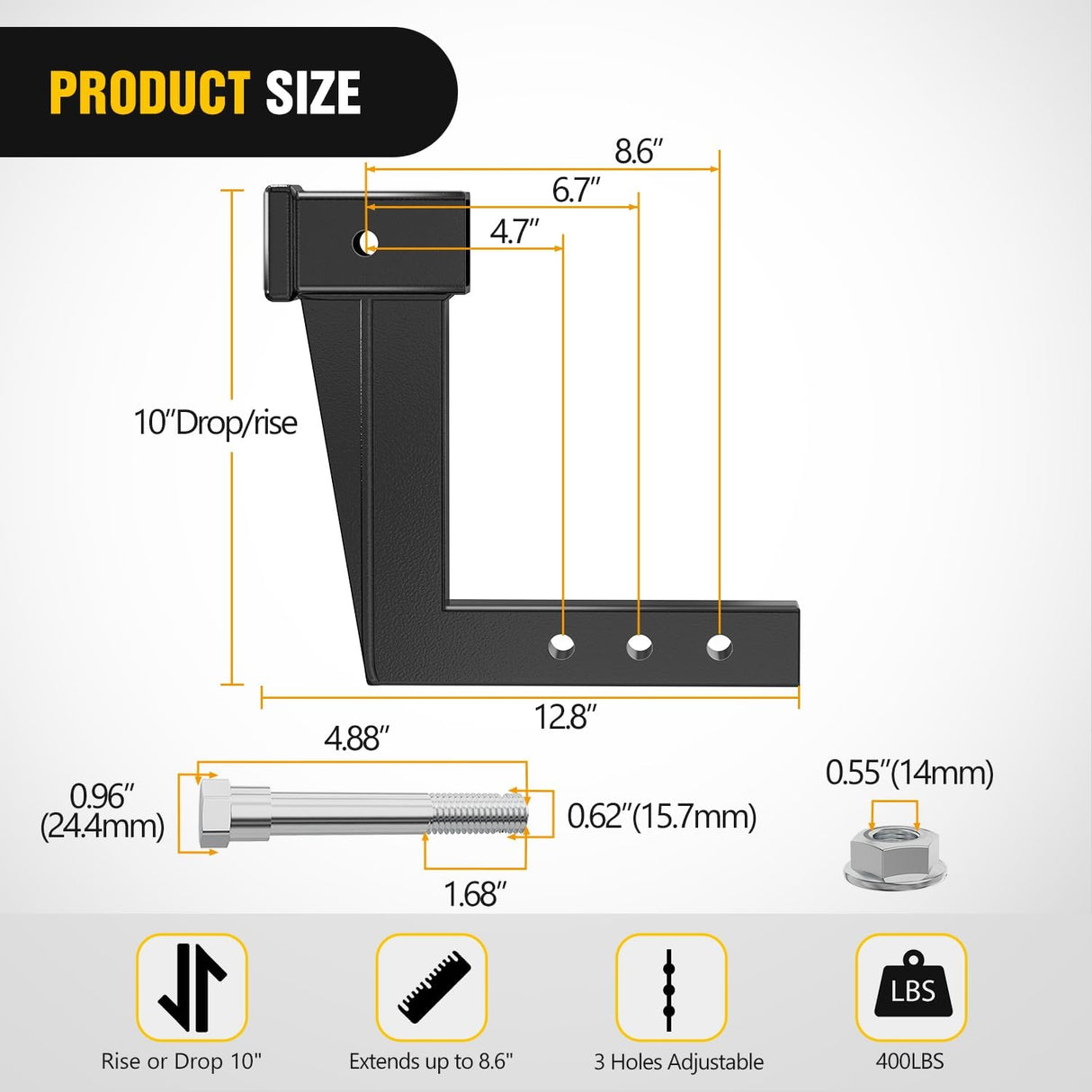 Trailer Hitch Extension Riser for 2 Inch Receiver with 10 Inch Rise Drop with Bolt Nut Clip 10,000 lbs Capacity Adjustable Extend 4.7 Inch 6.7 Inch 8.6 Inch Length Black Coated for Class I-VI Receivers