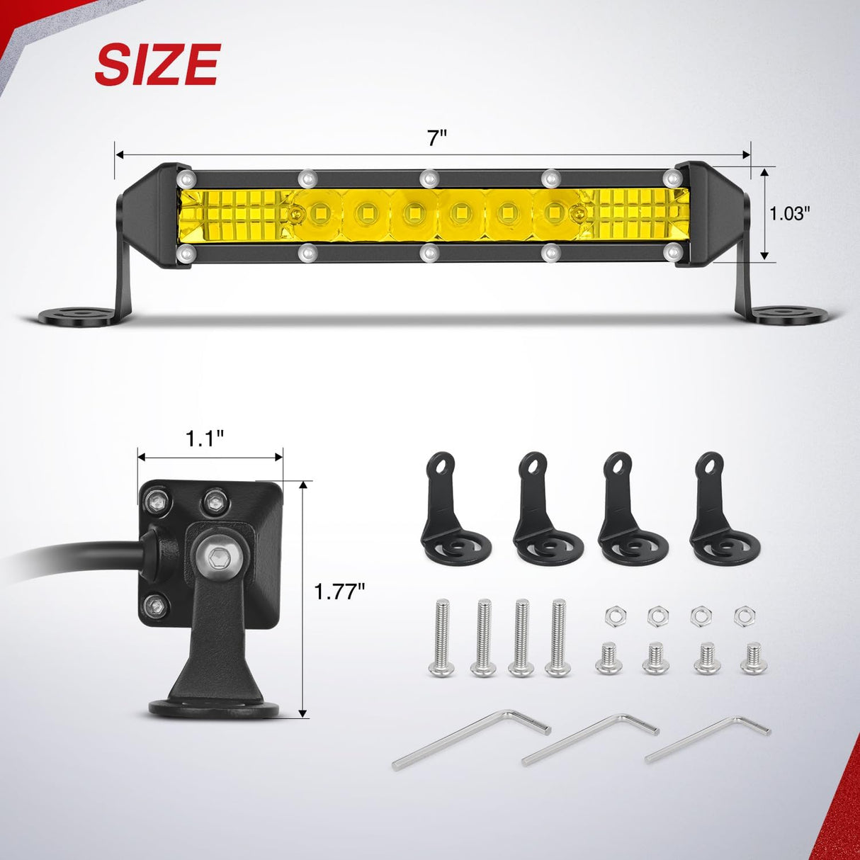 Slim LED Light Bar 2Pcs 7 Inch 16LED Single Row Spot Flood Combo Yellow Off Road Work Driving Fog Lighting for 12V 24V ATV UTV Pickup Truck Tractor Boat