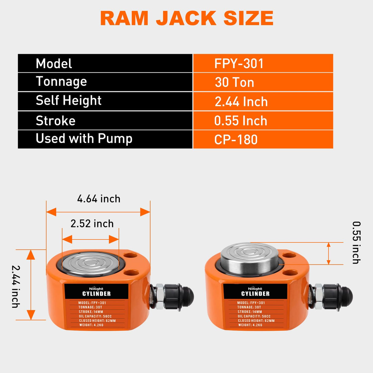 30 Ton Hydraulic Cylinder Jack Porta Power Ram, Heavy Duty Low Profile 0.55 Inch Stroke Automatically Retract Mini Jack Ram Single Acting Lifting Cylinders for Machinery Shipbuilding, Orange