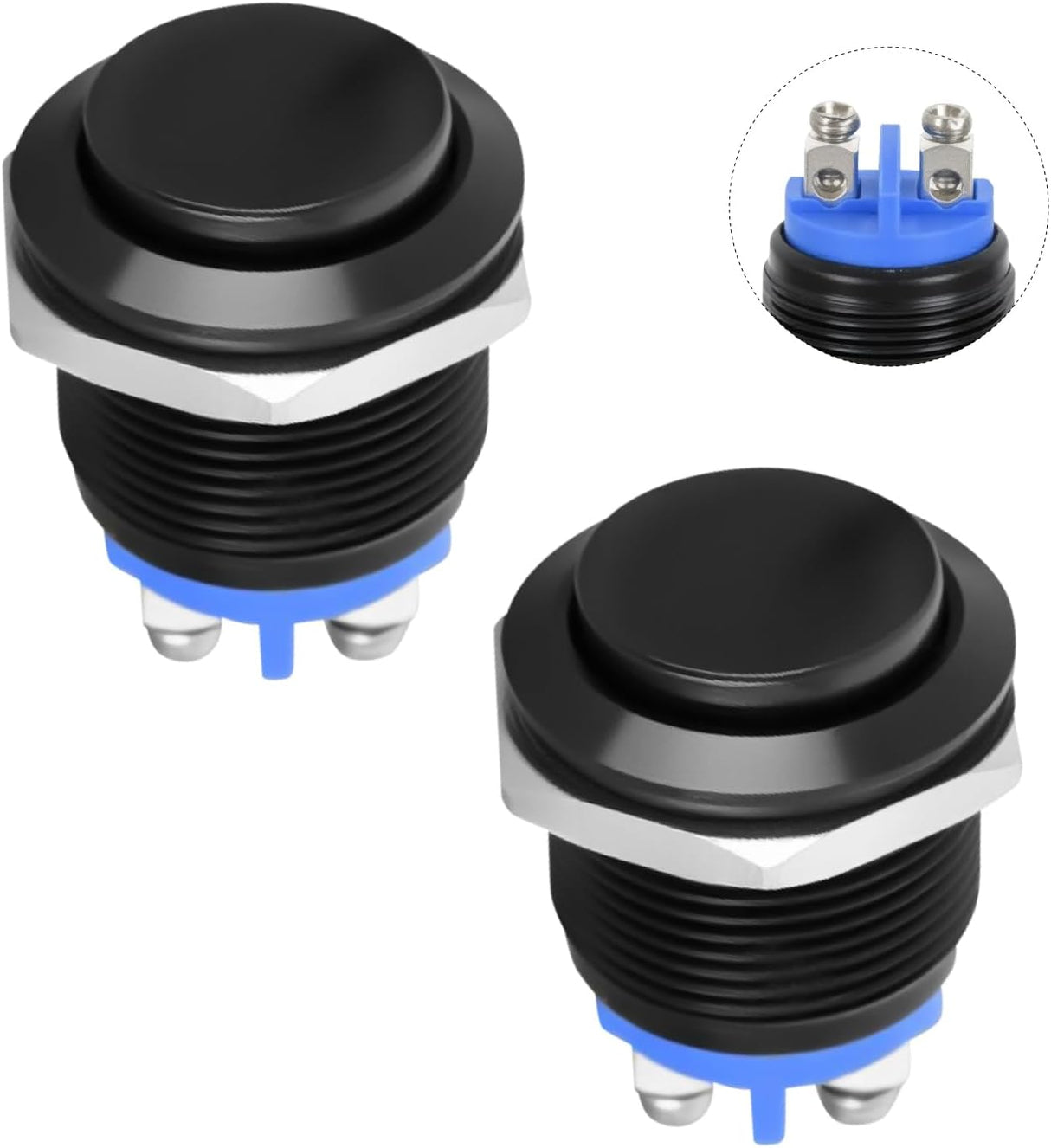 19mm Momentary Push Button Switch 12V Waterproof Black Metal Round Starter Power Switches 2PCS 2 Pin Screw Terminal for Car Truck Horn Boat Marine RV Vehicle