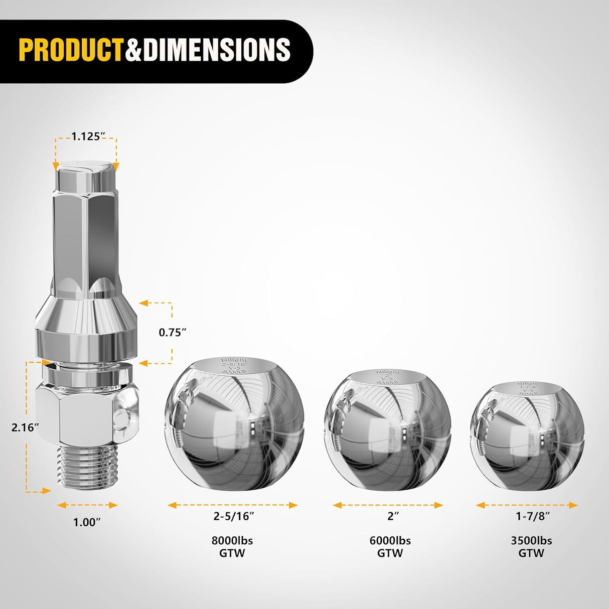 1-7/8 Inch, 2 Inch and 2-5/16 Inch Diameter Chrome Trailer Hitch Ball, Maximum Load Capacity Up to 8,000 lbs, 1- Inch Shank Universal Fit Gray