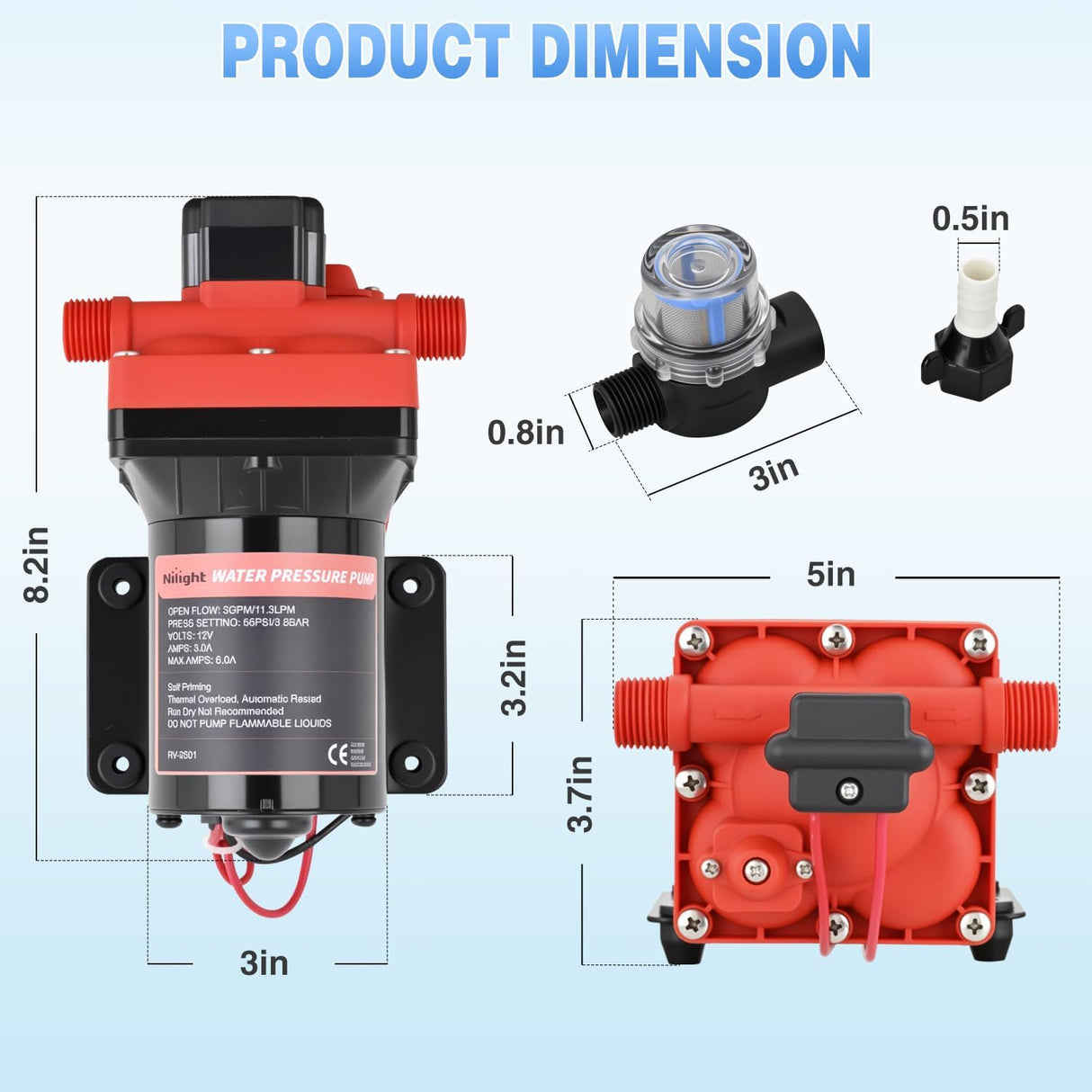 RV Water Pump, 12v Water Pump 3.0 GPM 55 PSI with Pressure Switch and Strainer Heavy Duty Diaphragm Pump 12 Volt DC Upgrade Self-Priming Low Noice for RV Camper Marine Yacht Caravan Trailer