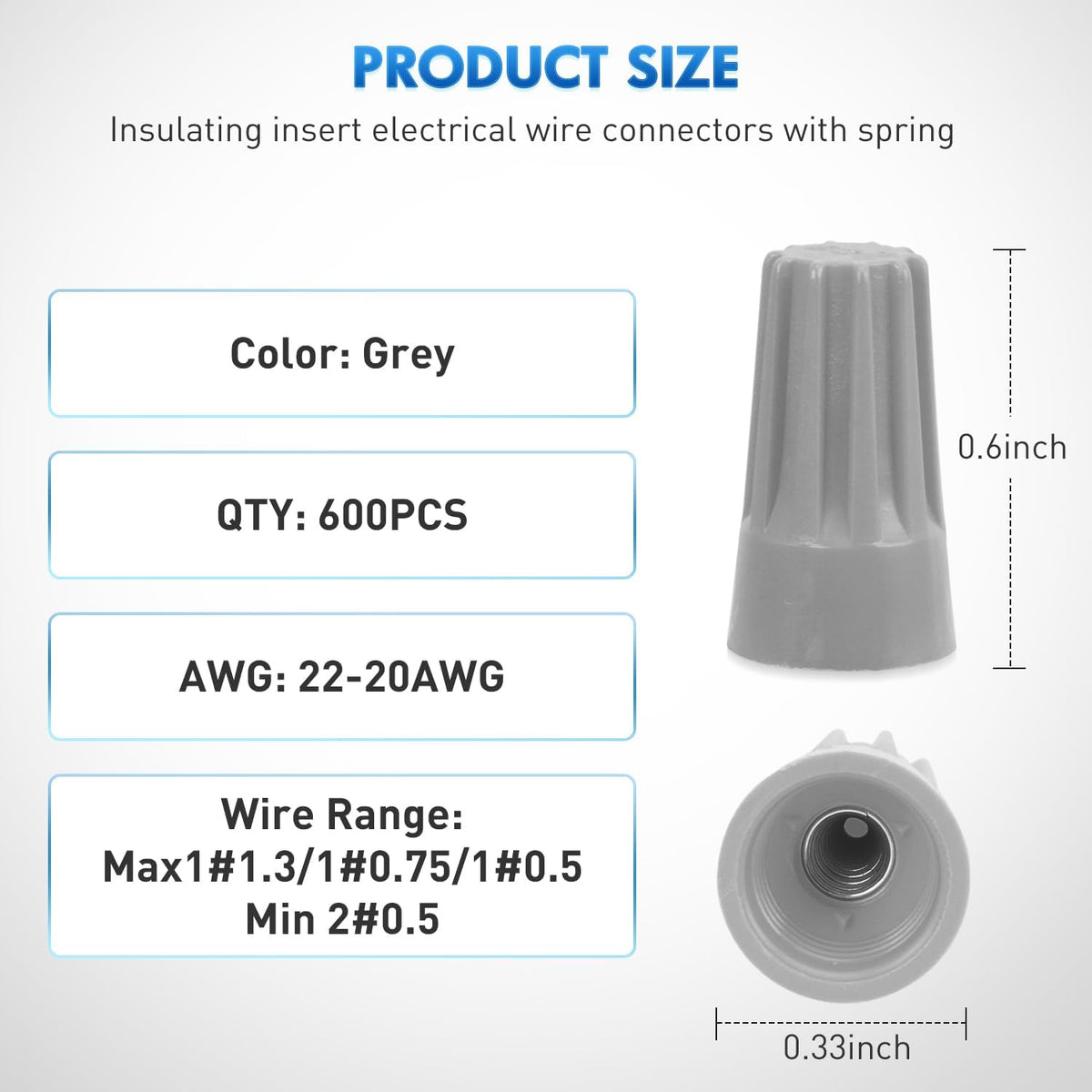 600PCS Gray Wire Connectors Kit 22-20 AWG Electric Wire Caps Insulating Insert Twist Electrical Wire Terminal with Spring for Connect Electrical Wiring Automotive Car Truck Boats Marine