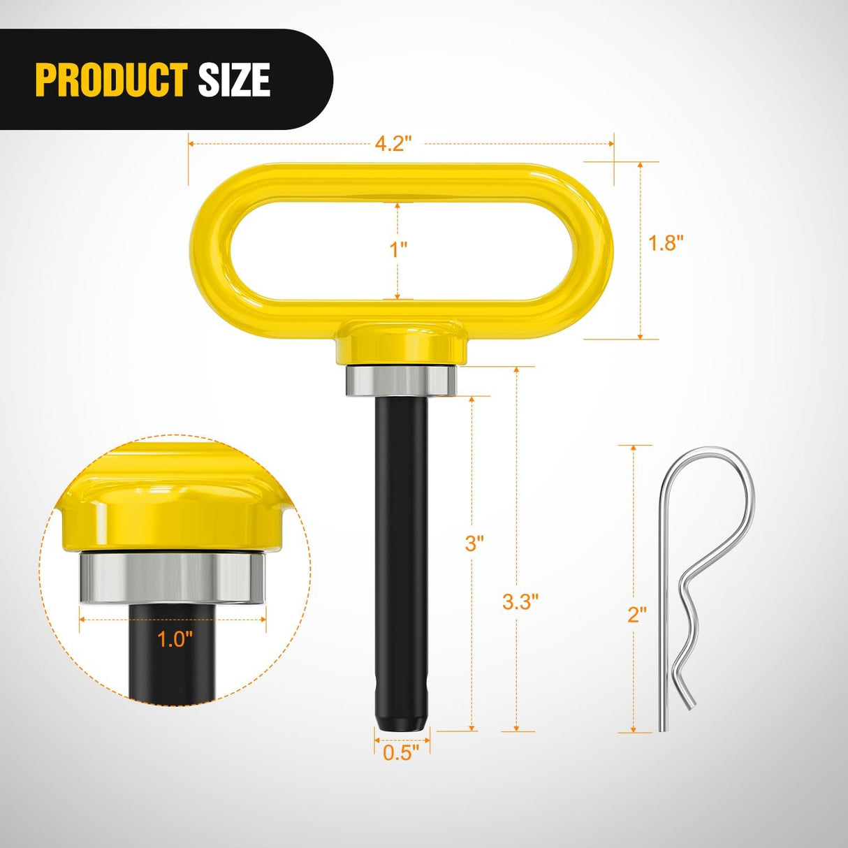 1/2 Inch Diameter Heavy Duty Ultra Strong Neodymium Magnet Trailer Hitch Pin Yellow for Lawn Mower, Tractor, Towing Cargo, ATV Trailer