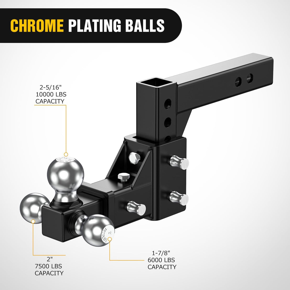 Adjustable Trailer Hitch Ball Mount Fits 2 Inch Receiver Tri-Ball 1-7/8 Inch-6000LBS 2 Inch-7500LBS 2-5/16 Inch-10000LBS Capacity Chrome Trailer Ball Hitch with Solid Shank