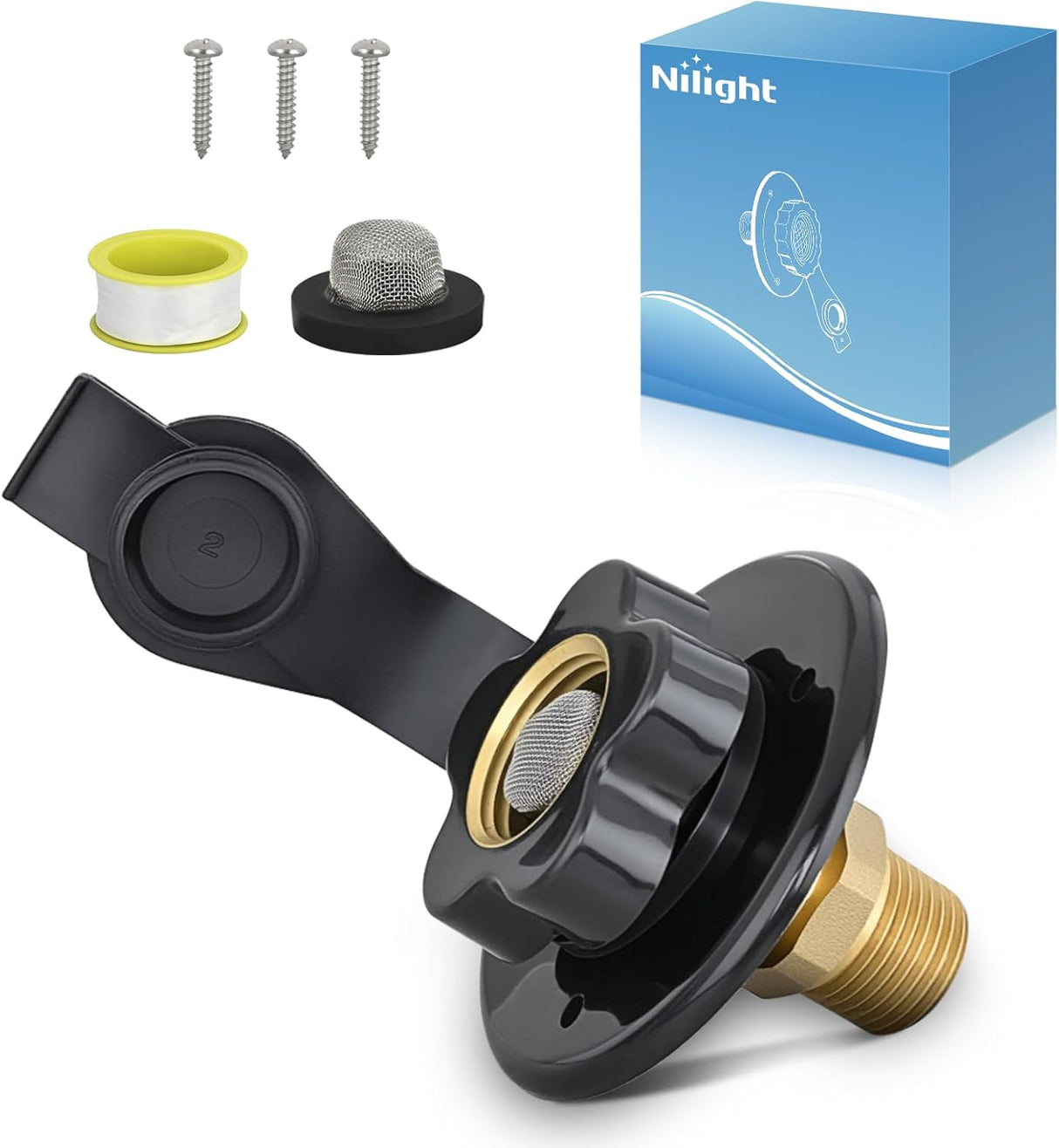 RV City Water Inlet with Check Valve 1/2 Inch NPT Male to 3/4 Inch GHT Female Brass City Water Fill Inlet Flange Connection Fittings for RV Camper Trailer Marine Hose Water Connector Replacement Black