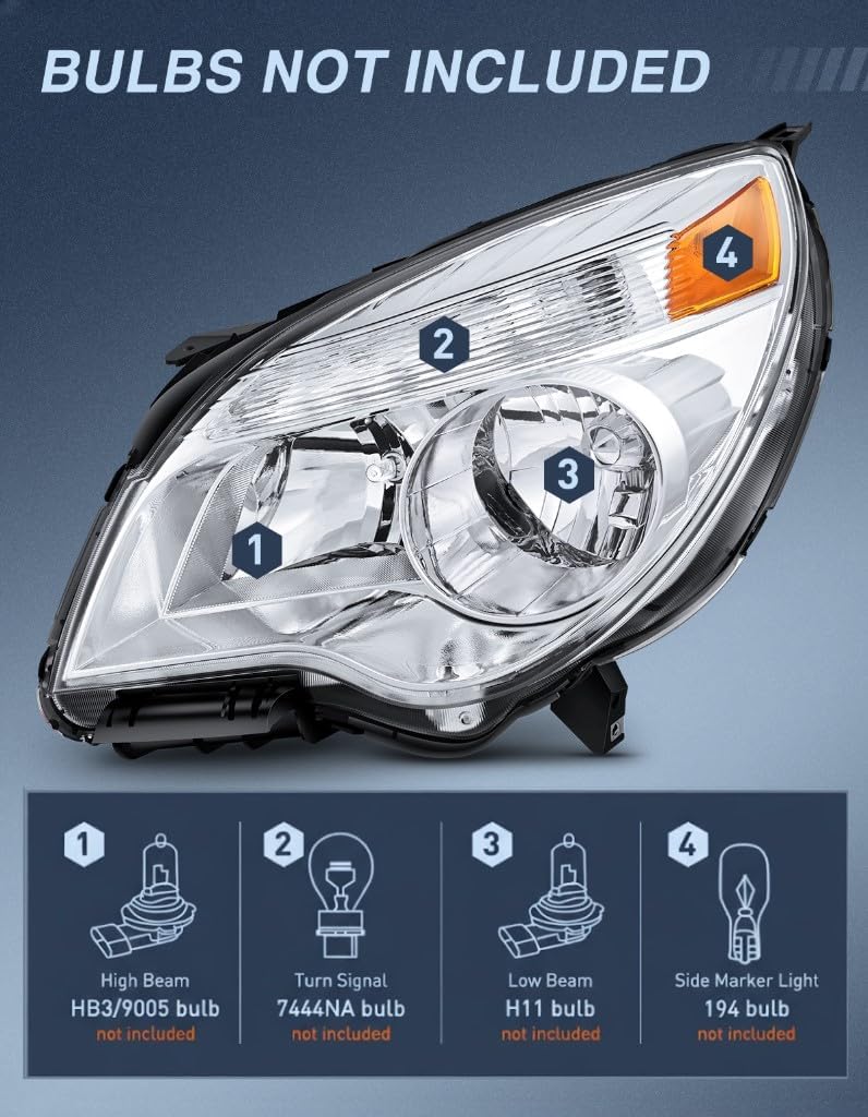 Headlight Assembly Compatible with 2010 2011 2012 2013 2014 2015 Chevy Chevrolet Equinox LS/LT Replacement Halogen Headlights OE Style Chrome Housing Amber Reflector Headlamp a pair