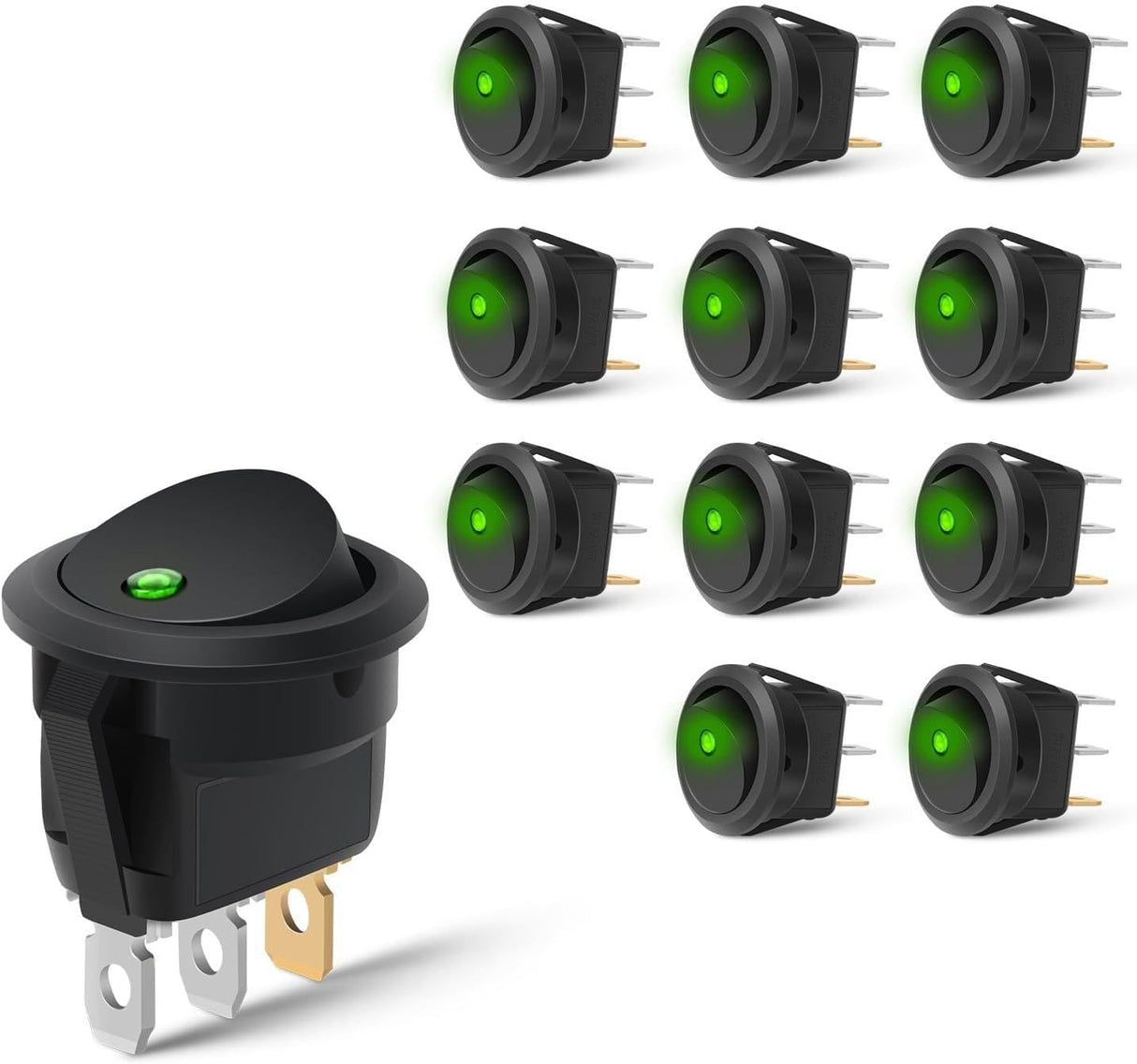 12PCS Round Rocker Switches 12V 24V 20A Green LED Toggle swtiches SPST 3 Pin 2 Position for Car Truck Vehicle Boat Marine Rocker On Off Control