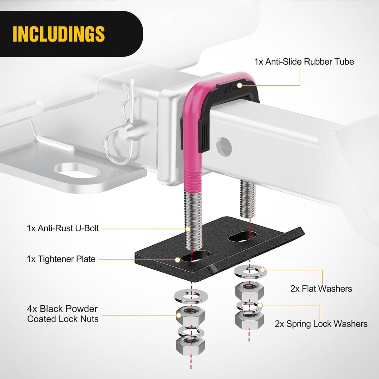 Trailer Hitch Tightener for 2 Inch Trailers Hitches Mount Anti Rattle Heavy Duty Steel with Rubber Cover Hot Pink U Bolt Matte Black Plate Electrophoresis Anti-Rust Triple Protective