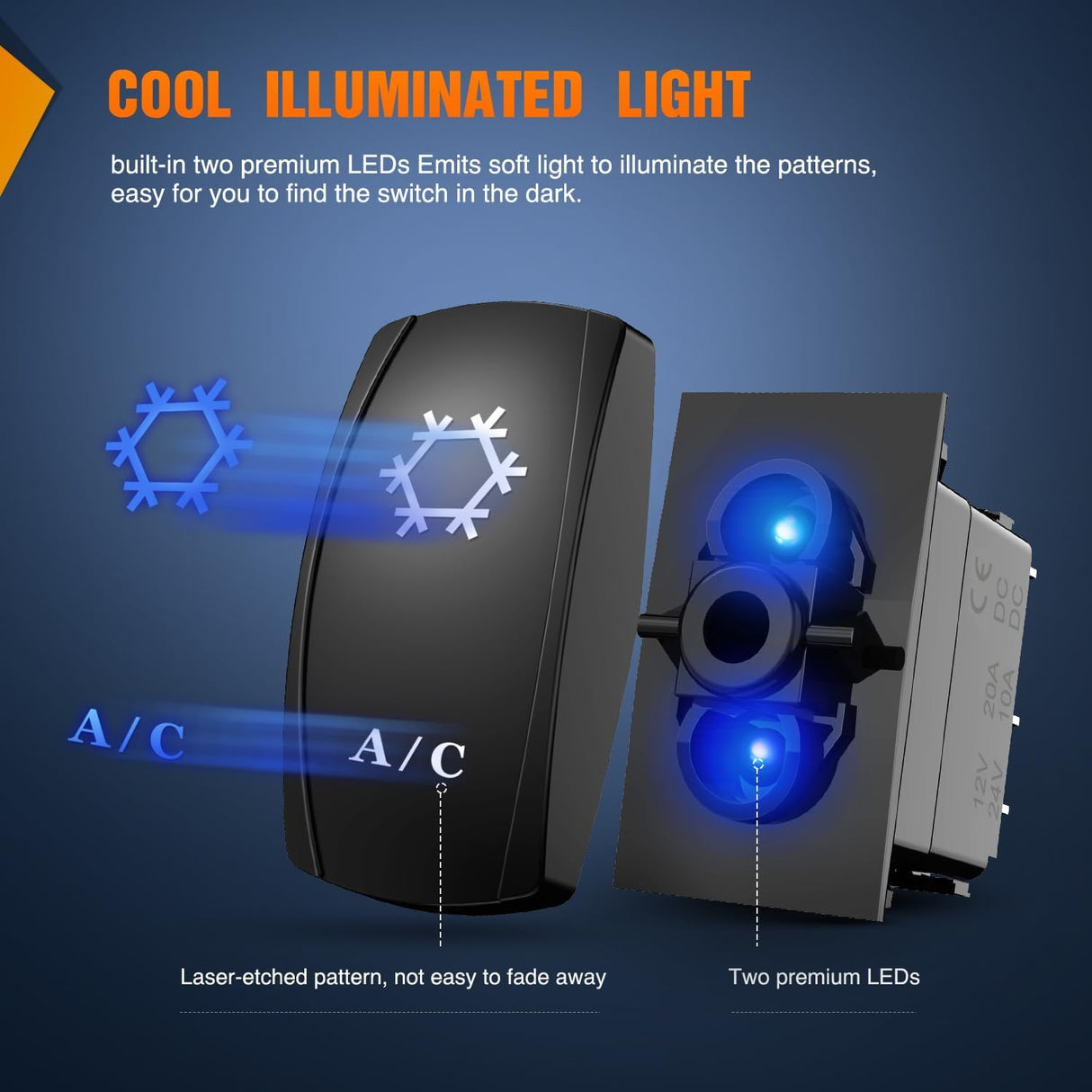 A/C Rocker Switch Led Light Bar 5 Pin Laser On Off SPST Switches 20A/12V 10A/24V Blue with Jumper Wires Set for Cars Trucks Boats ATVs UTVs RVs
