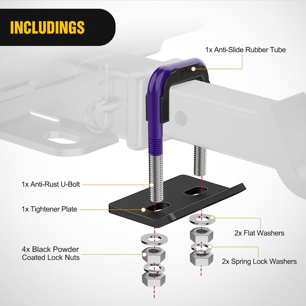 Trailer Hitch Tightener for 2 Inch Trailers Hitches Mount Anti Rattle Heavy Duty Steel with Rubber Cover Dark Purple U Bolt Matte Black Plate Electrophoresis Anti-Rust Triple Protective